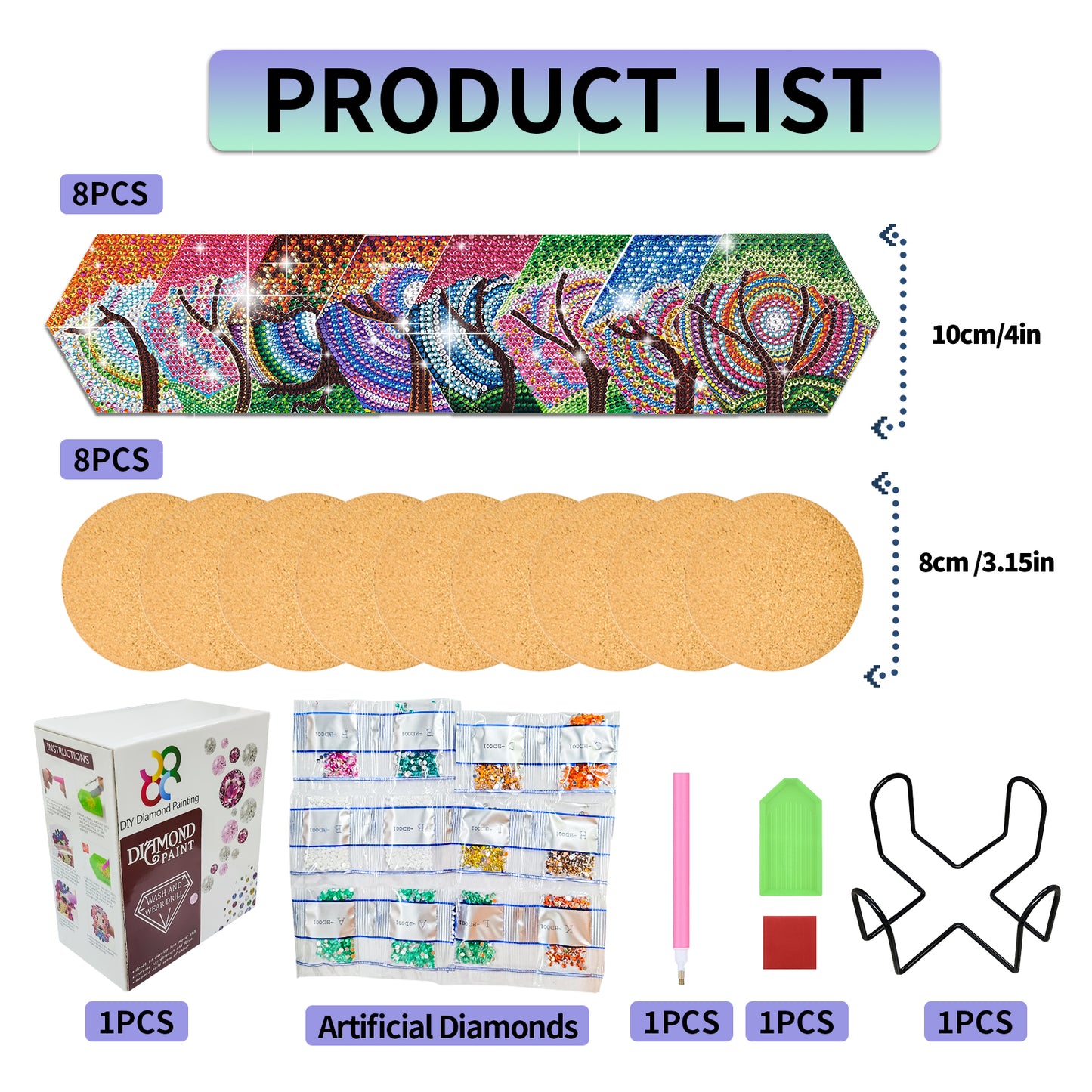 8Pcs Colorful Tree Diamond Painting Coasters with Holder