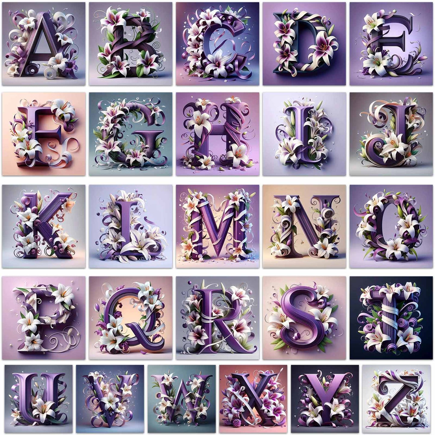 Purple Alphabet - Full Round Diamond Painting - 30x30cm