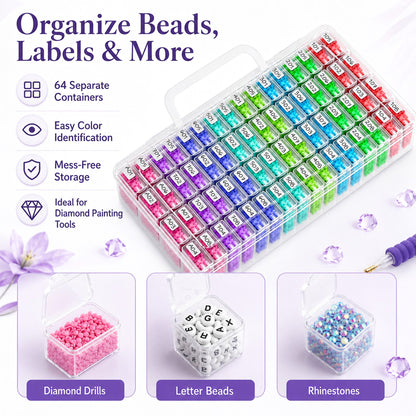 64 Jars Storage Containers for Diamond Art Kits for Adults, Portable Storage Organizer with Sticker Labels for Diamond Painting Accessories and Tools