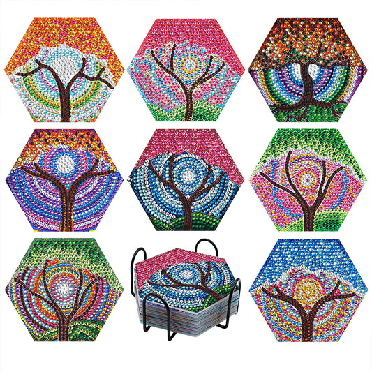 8Pcs Colorful Tree Diamond Painting Coasters with Holder
