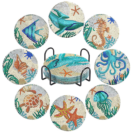 8Pcs Ocean Animal Diamond Painting Coasters with Holder