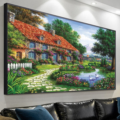 Red roof house - Full Round Diamond Painting - 70x40cm