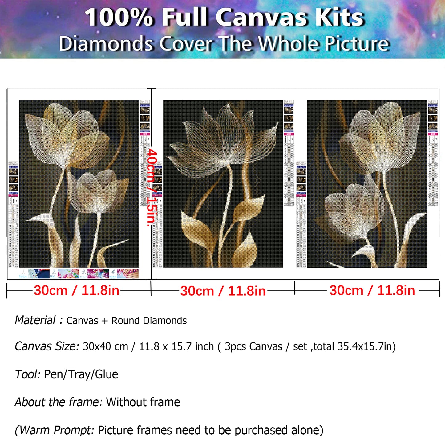 Lotus Flowers - Full Round Diamond Painting - 30x40cm / 3pack