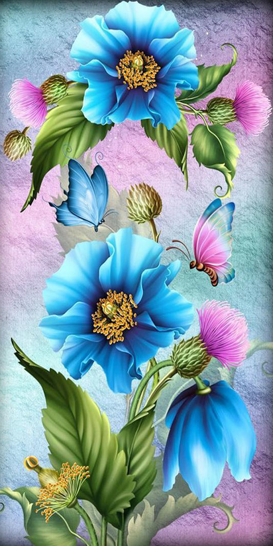 Blue flower  Butterfly- Full Round Diamond Painting - 30x55cm