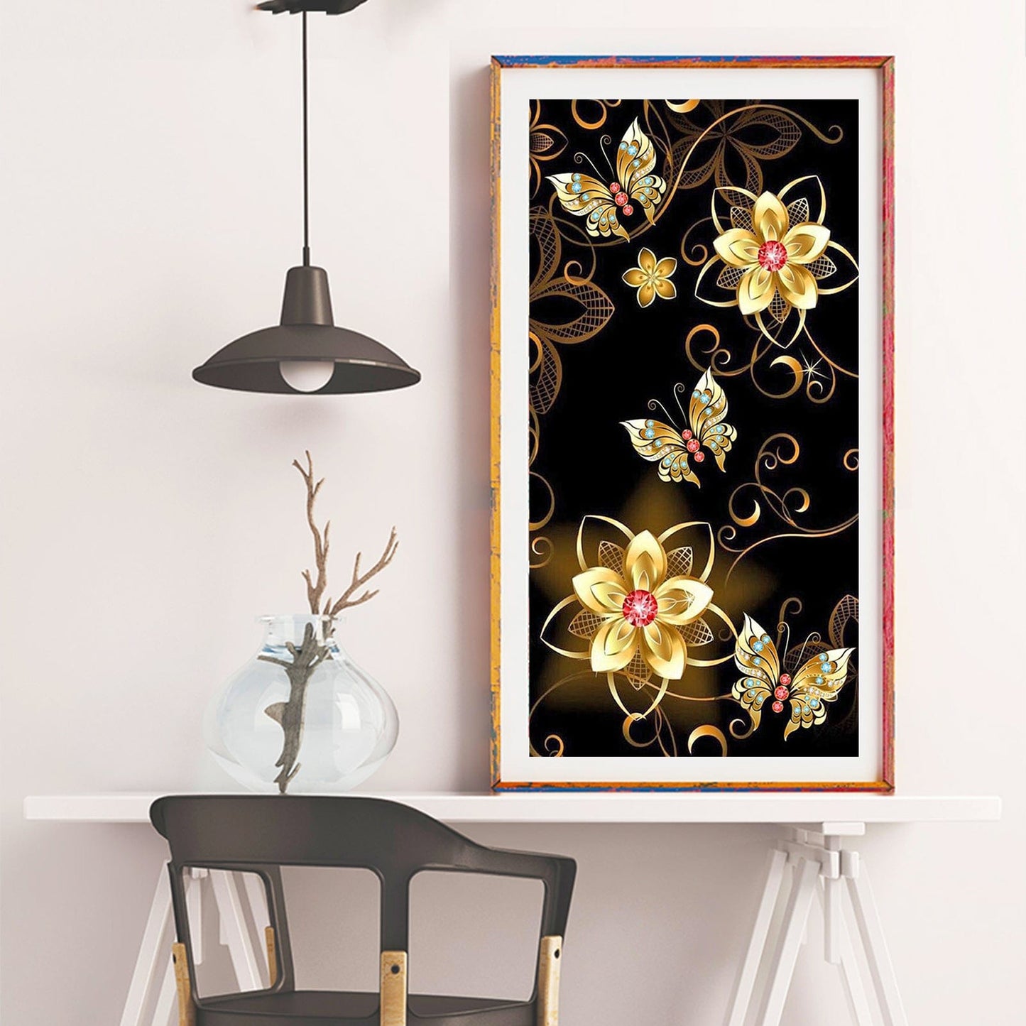 Golden Flower Butterfly- Full Round Diamond Painting - 30x55cm