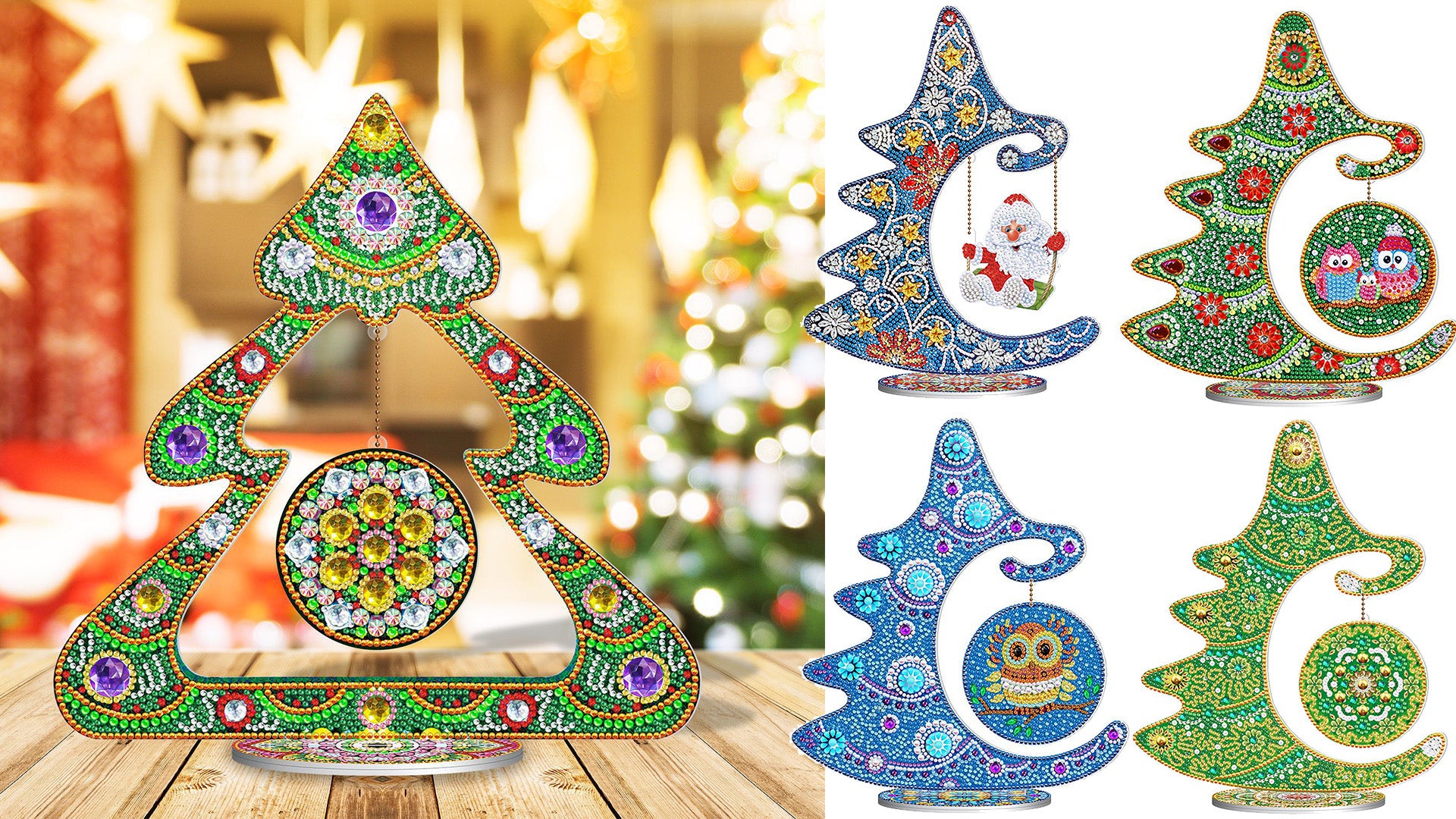10pcs/set DIY Christmas Diamond Painting Ornaments Only Without Tray Wood  Material Crystal Rhinestones Christmas Ornaments With Holders For Table